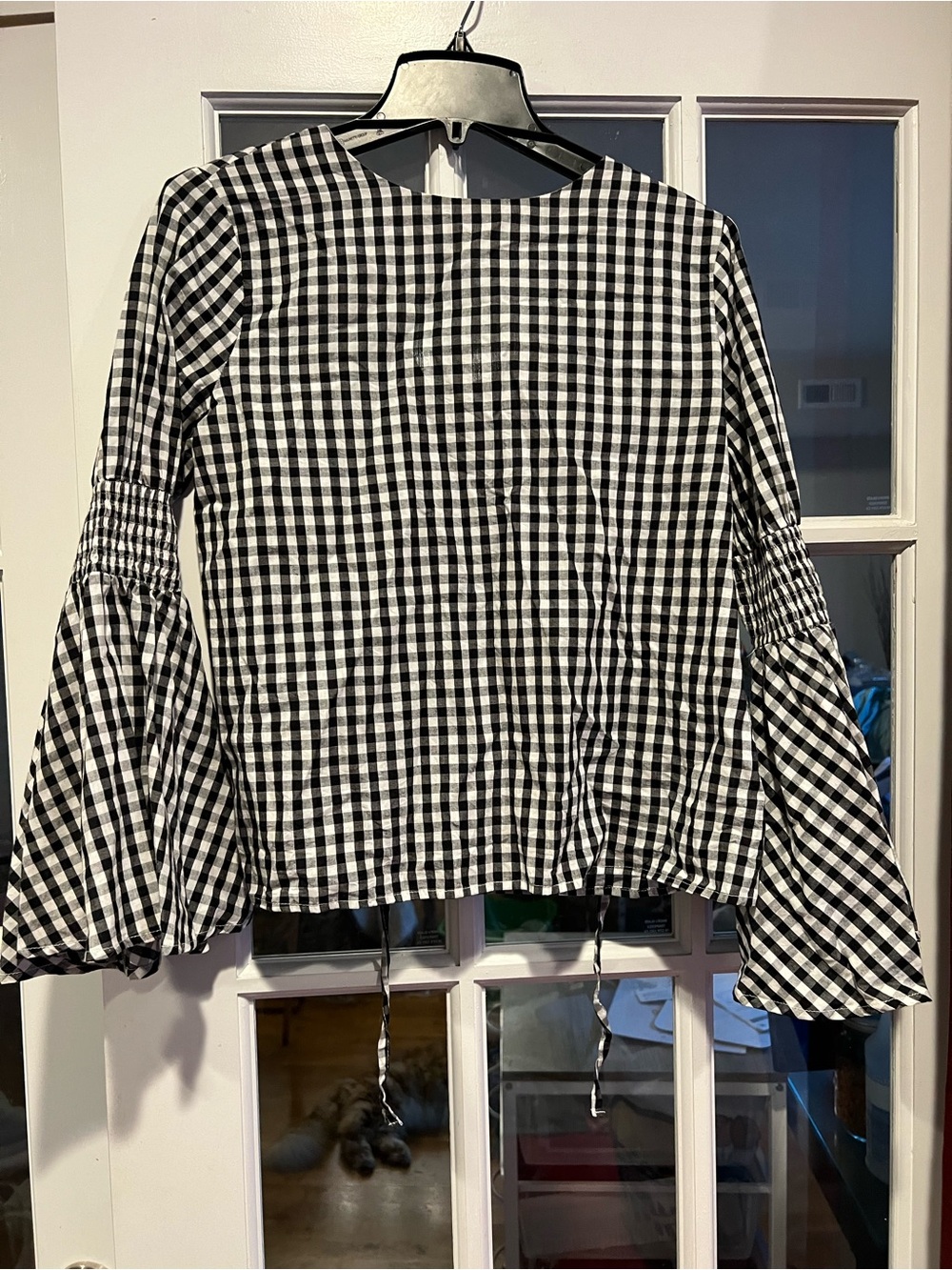Endless Rose Black & White Gingham Bell-Sleeve Blouse